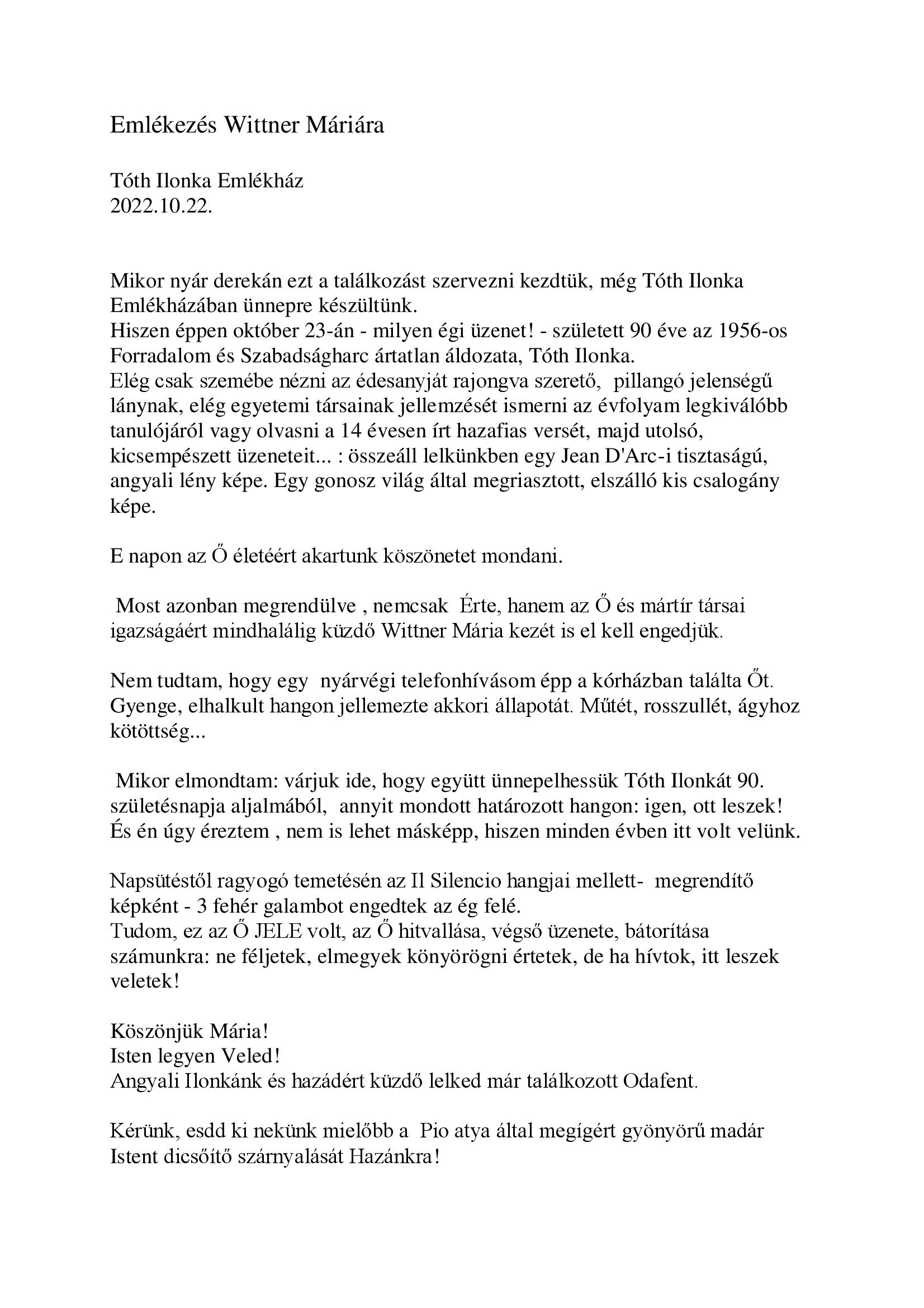 Emlékezés Wittner Máriára 2022.10